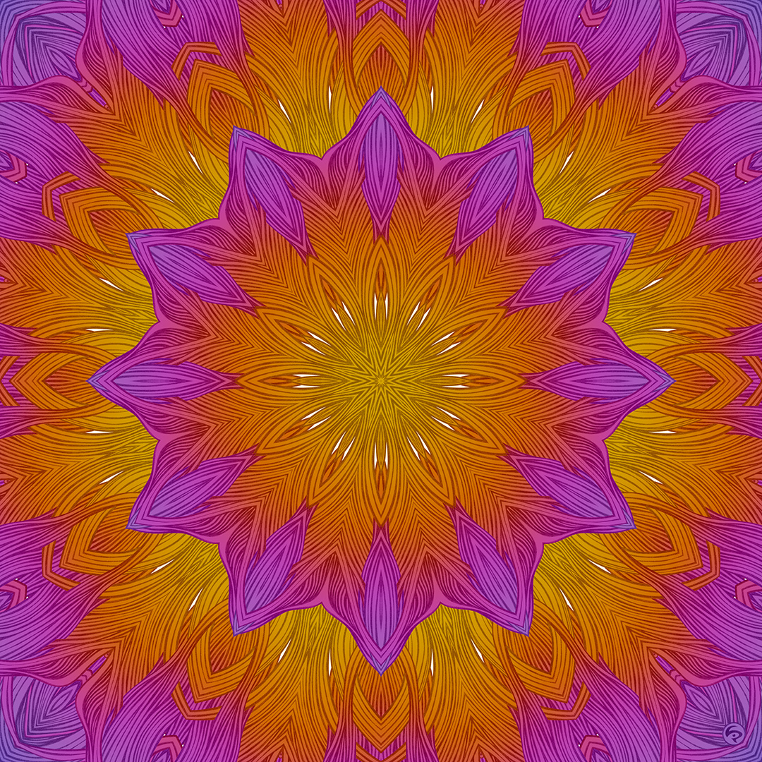 LIP1803010: Ballpoint ＋ paper ＋ digital mixed media art by Lauren Iris Panos. Psychedelic, biomorphic, rosette mandala.