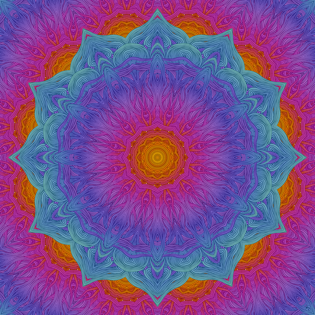 LIP1803015: Ballpoint ＋ paper ＋ digital mixed media art by Lauren Iris Panos. Psychedelic, biomorphic, rosette mandala.