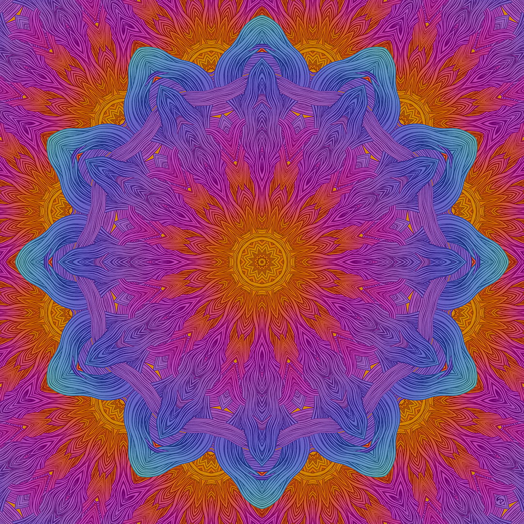 LIP1803019: Ballpoint ＋ paper ＋ digital mixed media art by Lauren Iris Panos. Psychedelic, biomorphic, rosette mandala.