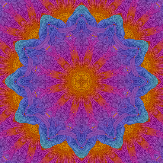 LIP1803019: Ballpoint ＋ paper ＋ digital mixed media art by Lauren Iris Panos. Psychedelic, biomorphic, rosette mandala.