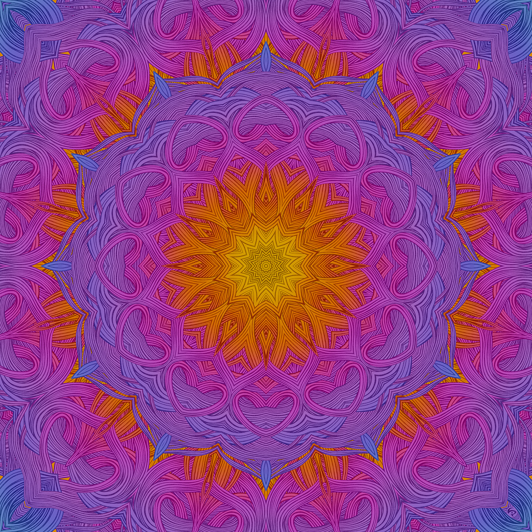 LIP1803024: Ballpoint ＋ paper ＋ digital mixed media art by Lauren Iris Panos. Psychedelic, biomorphic, rosette mandala.