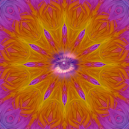 LIP1803028: Ballpoint ＋ paper ＋ digital ＋ photo mixed media art by Lauren Iris Panos. Psychedelic, rosette mandala with eye.