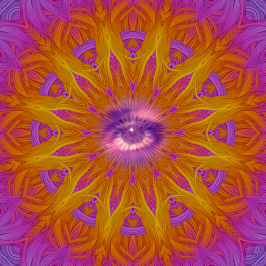 LIP1803029: Ballpoint ＋ paper ＋ digital ＋ photo mixed media art by Lauren Iris Panos. Psychedelic, rosette mandala with eye.
