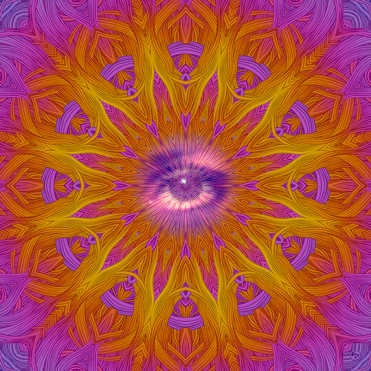 LIP1803029: Ballpoint ＋ paper ＋ digital ＋ photo mixed media art by Lauren Iris Panos. Psychedelic, rosette mandala with eye.