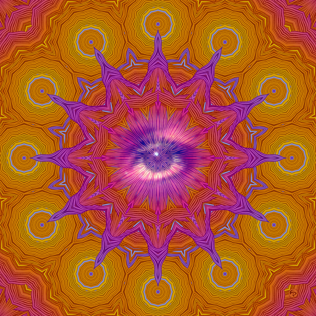 LIP1803030: Ballpoint ＋ paper ＋ digital ＋ photo mixed media art by Lauren Iris Panos. Psychedelic, rosette mandala with eye.