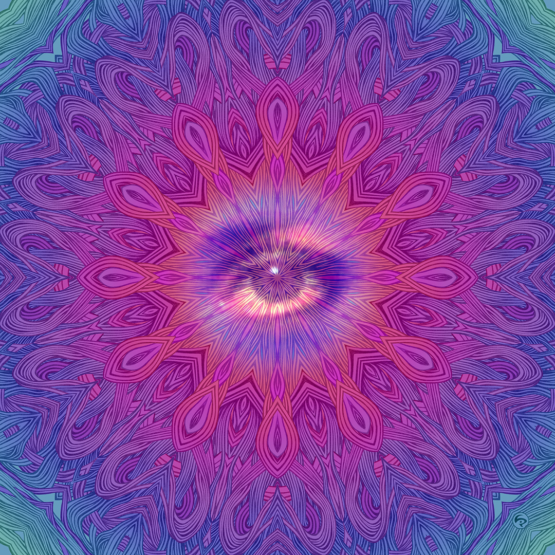LIP1803031: Ballpoint ＋ paper ＋ digital ＋ photo mixed media art by Lauren Iris Panos. Psychedelic, rosette mandala with eye.