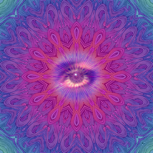LIP1803031: Ballpoint ＋ paper ＋ digital ＋ photo mixed media art by Lauren Iris Panos. Psychedelic, rosette mandala with eye.