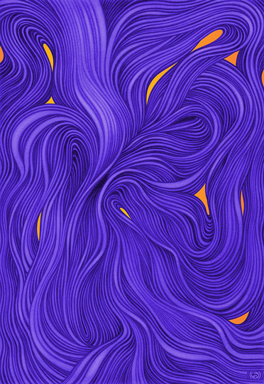 LIP1901001: Ballpoint ＋ paper ＋ digital mixed media art by Lauren Iris Panos. Purple and orange, curvilinear, biomorphic abstract.