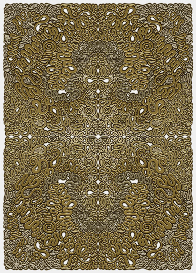 LIP1905005: Pen ＋ paper ＋ digital mixed media art by Lauren Iris Panos. Golden, symmetrical, serpentine, biomorphic abstract.