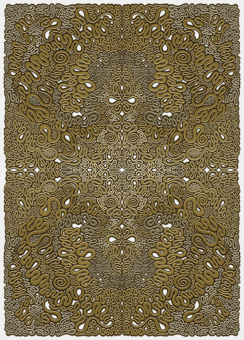LIP1905005: Pen ＋ paper ＋ digital mixed media art by Lauren Iris Panos. Golden, symmetrical, serpentine, biomorphic abstract.