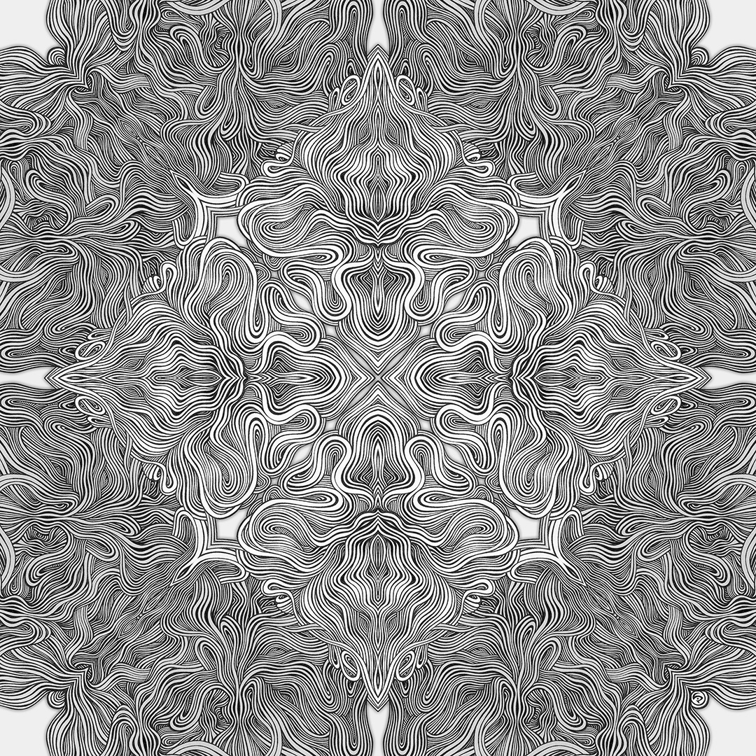 LIP1906002: Pen ＋ paper ＋ digital mixed media art by Lauren Iris Panos. Symmetrical, curvilinear, biomorphic abstract.