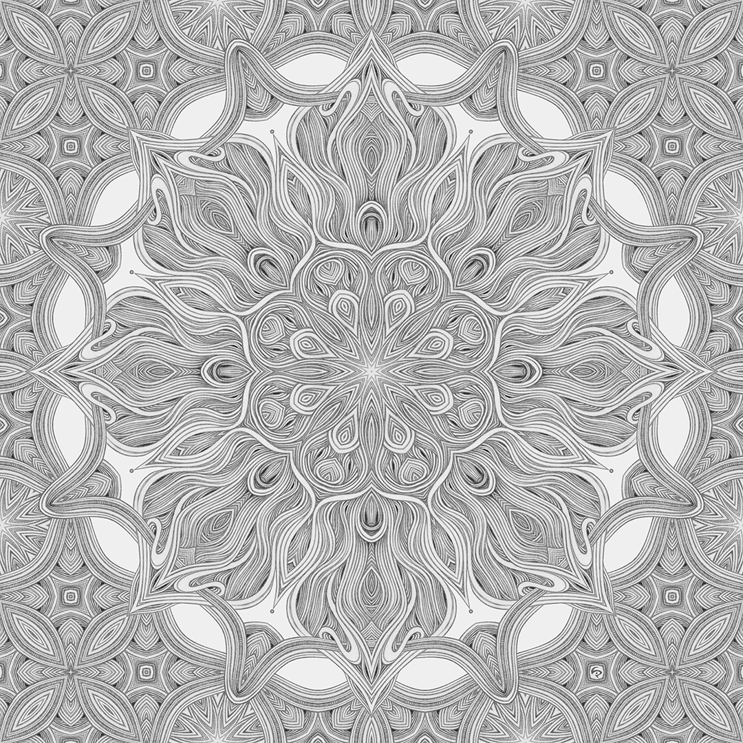 LIP2003004: Ballpoint ＋ paper ＋ digital mixed media art by Lauren Iris Panos. Arabesque, biomorphic, rosette mandala.