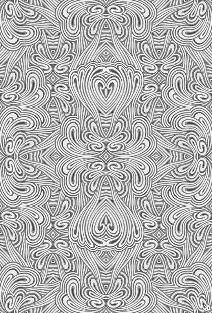 LIP2101003: Ballpoint ＋ paper ＋ digital mixed media art by Lauren Iris Panos. Symmetrical, biomorphic pattern of looping lines.