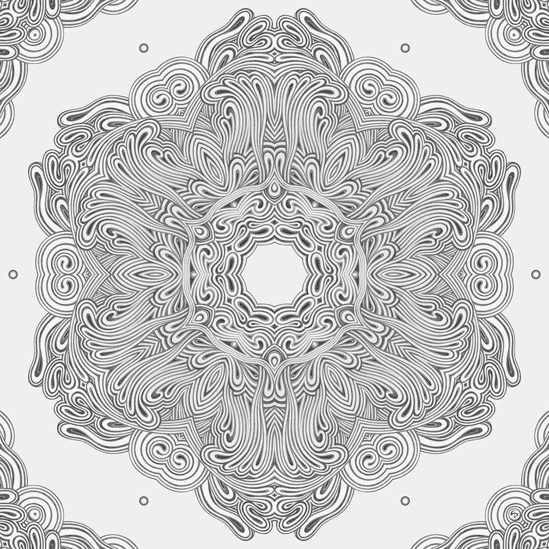 LIP2101004: Ballpoint ＋ paper ＋ digital mixed media art by Lauren Iris Panos. Biomorphic, rosette mandala.