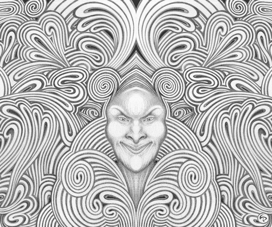 LIP2103003: Ballpoint ＋ paper ＋ digital mixed media art by Lauren Iris Panos. Surreal portrait with looping lines and spirals.