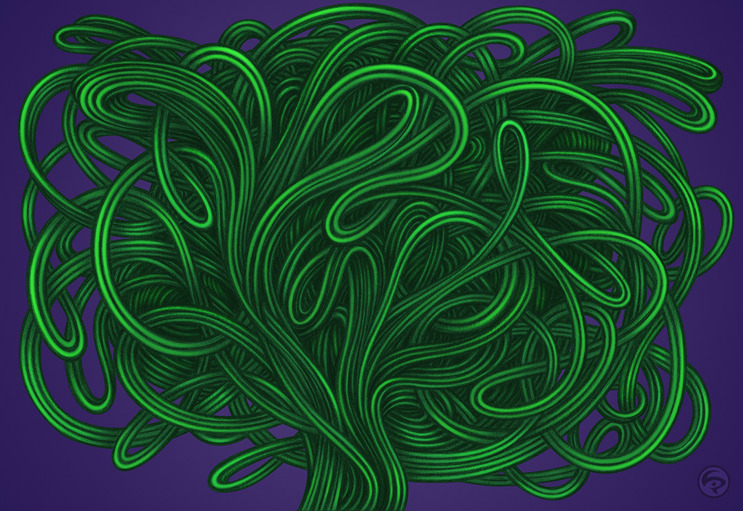 LIP2105001: Ballpoint ＋ paper ＋ digital mixed media art by Lauren Iris Panos. Purple and green, biomorphic, abstract drawing.