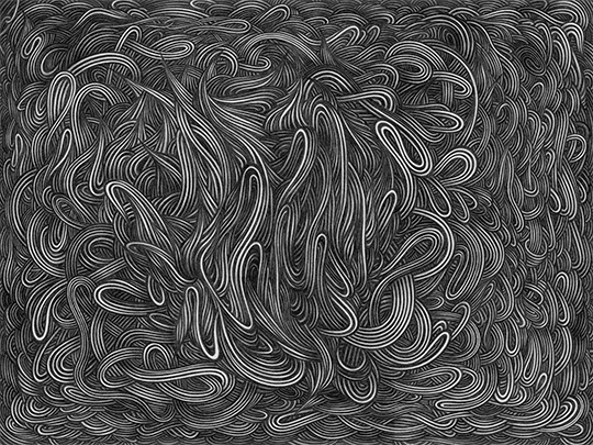 LIP2401001: Ballpoint ＋ paper mixed media art by Lauren Iris Panos. Horror vacui, biomorphic abstract.